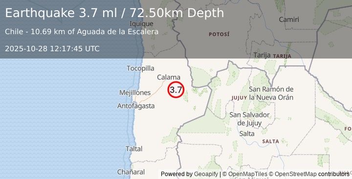 Earthquake ANTOFAGASTA, CHILE (3.8 ml) (2025-10-28 12:17:41 UTC)