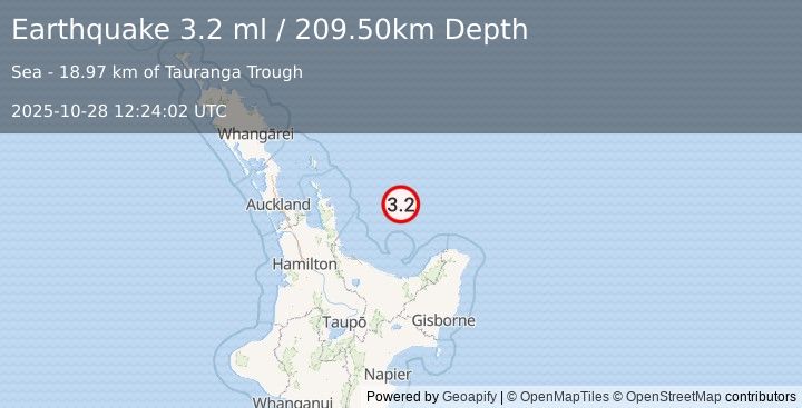 Earthquake OFF E. COAST OF N. ISLAND, N.Z. (3.2 ml) (2025-10-28 12:24:02 UTC)