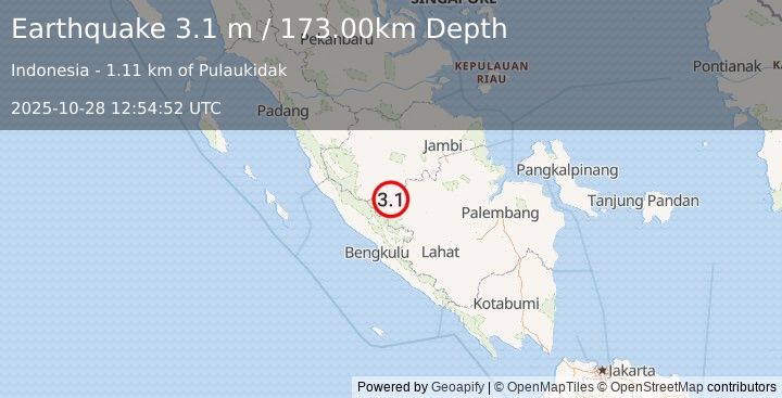 Earthquake SOUTHERN SUMATRA, INDONESIA (3.1 m) (2025-10-28 12:54:52 UTC)