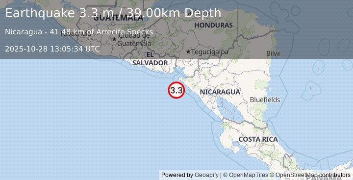 Earthquake NEAR COAST OF NICARAGUA (3.3 m) (2025-10-28 13:05:34 UTC)