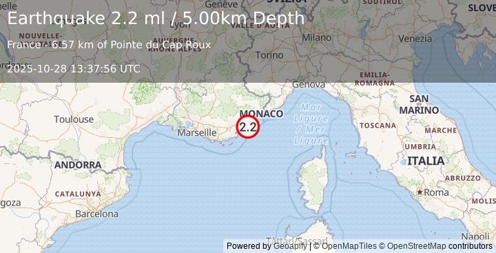 Earthquake NEAR SOUTH COAST OF FRANCE (2.2 ml) (2025-10-28 13:37:56 UTC)