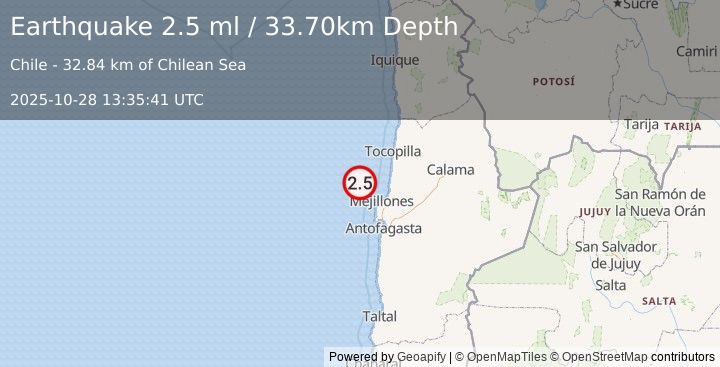 Earthquake OFFSHORE ANTOFAGASTA, CHILE (2.5 ml) (2025-10-28 13:35:41 UTC)