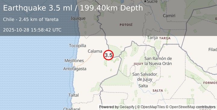 Earthquake ANTOFAGASTA, CHILE (3.5 ml) (2025-10-28 15:58:42 UTC)