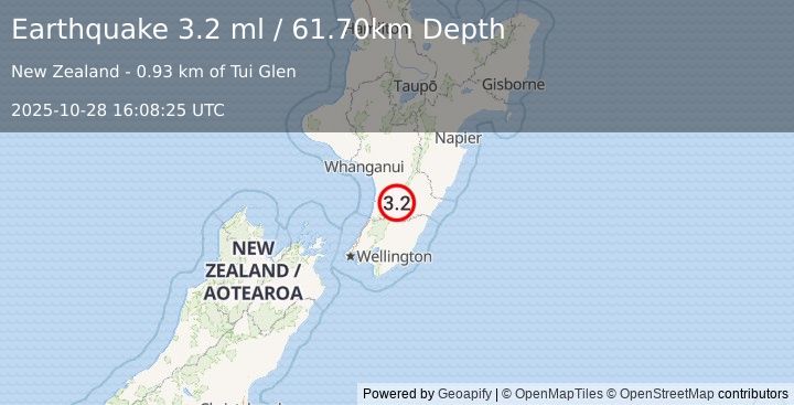 Earthquake NORTH ISLAND OF NEW ZEALAND (3.2 ml) (2025-10-28 16:08:25 UTC)