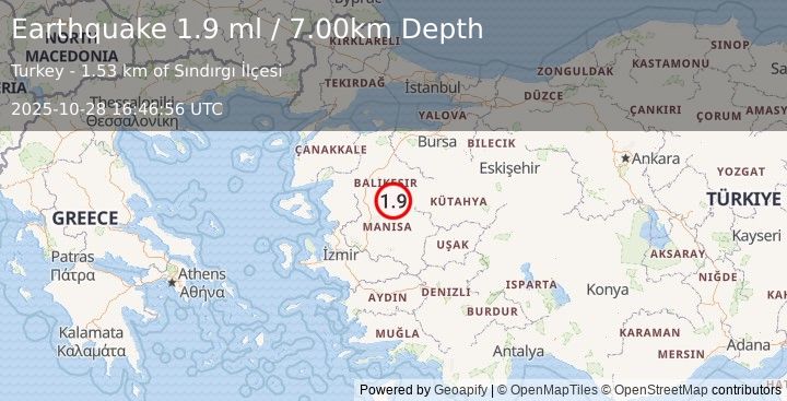 Earthquake WESTERN TURKEY (1.9 ml) (2025-10-28 16:46:56 UTC)