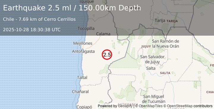 Earthquake ANTOFAGASTA, CHILE (2.5 ml) (2025-10-28 18:30:38 UTC)