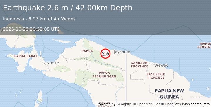 Earthquake NEAR N COAST OF PAPUA, INDONESIA (2.6 m) (2025-10-28 20:32:08 UTC)