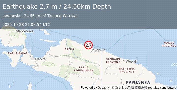 Earthquake NEAR N COAST OF PAPUA, INDONESIA (2.7 m) (2025-10-28 21:08:54 UTC)
