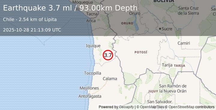 Earthquake TARAPACA, CHILE (4.0 ml) (2025-10-28 21:13:08 UTC)