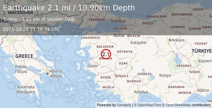 Earthquake WESTERN TURKEY (2.1 ml) (2025-10-28 21:16:34 UTC)