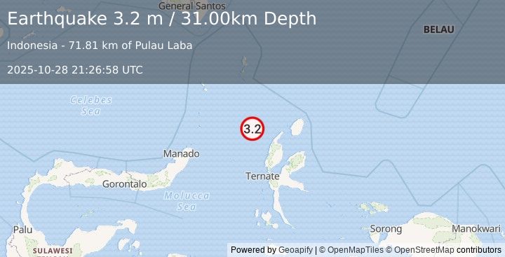 Earthquake MOLUCCA SEA (3.2 m) (2025-10-28 21:26:58 UTC)