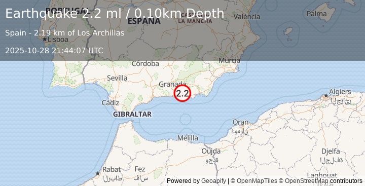Earthquake STRAIT OF GIBRALTAR (2.2 ml) (2025-10-28 21:44:05 UTC)