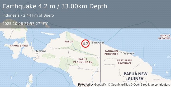 Earthquake NEAR N COAST OF PAPUA, INDONESIA (4.2 m) (2025-10-28 21:57:27 UTC)