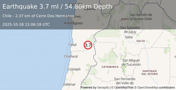 Earthquake ANTOFAGASTA, CHILE (3.6 ml) (2025-10-28 22:06:15 UTC)