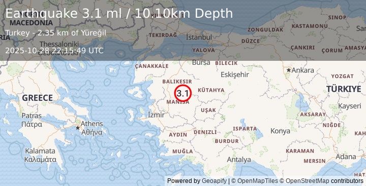 Earthquake WESTERN TURKEY (3.1 ml) (2025-10-28 22:15:49 UTC)