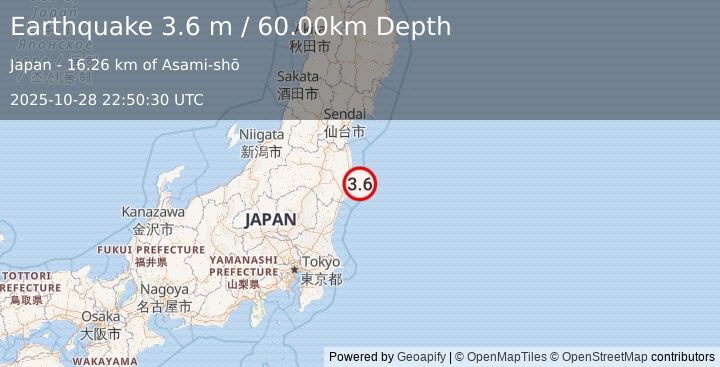 Earthquake NEAR EAST COAST OF HONSHU, JAPAN (3.6 m) (2025-10-28 22:50:30 UTC)