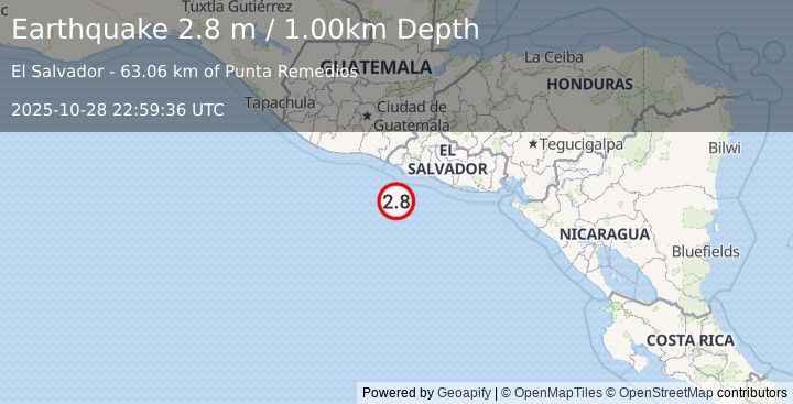 Earthquake OFFSHORE EL SALVADOR (2.8 m) (2025-10-28 22:59:36 UTC)
