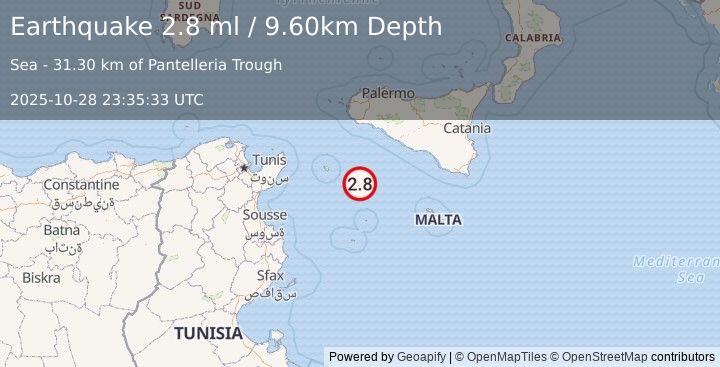 Earthquake CENTRAL MEDITERRANEAN SEA (2.8 ml) (2025-10-28 23:35:33 UTC)