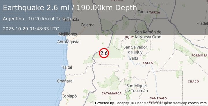 Earthquake SALTA, ARGENTINA (2.6 ml) (2025-10-29 01:48:33 UTC)