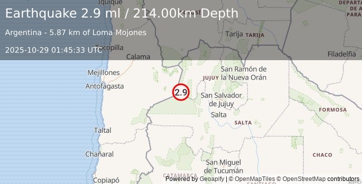 Earthquake SALTA, ARGENTINA (2.9 ml) (2025-10-29 01:45:33 UTC)