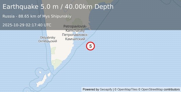 Earthquake OFF EAST COAST OF KAMCHATKA (5.0 m) (2025-10-29 02:17:40 UTC)