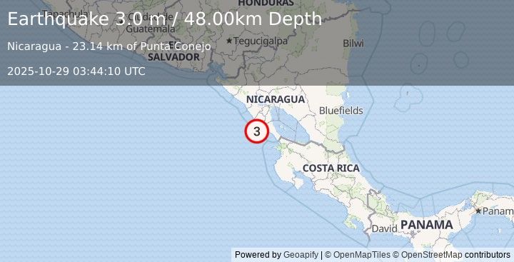 Earthquake NEAR COAST OF NICARAGUA (3.0 m) (2025-10-29 03:44:10 UTC)
