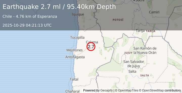 Earthquake ANTOFAGASTA, CHILE (2.7 ml) (2025-10-29 04:21:13 UTC)