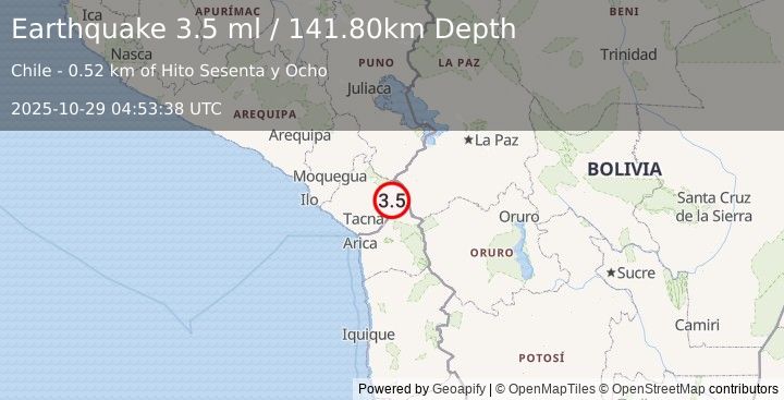 Earthquake SOUTHERN PERU (3.5 ml) (2025-10-29 04:53:38 UTC)