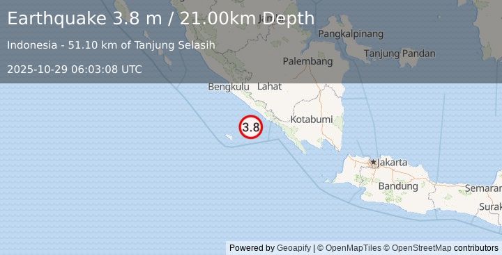 Earthquake SOUTHERN SUMATRA, INDONESIA (3.8 m) (2025-10-29 06:03:08 UTC)