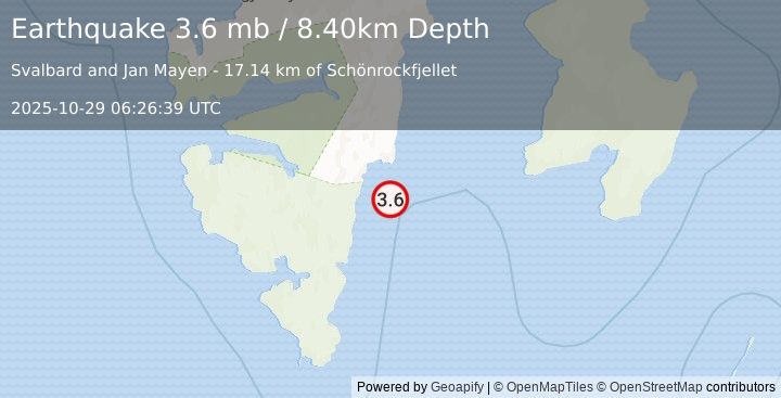 Earthquake SVALBARD REGION (3.6 mb) (2025-10-29 06:26:39 UTC)
