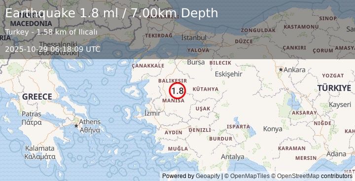 Earthquake WESTERN TURKEY (1.8 ml) (2025-10-29 06:18:09 UTC)