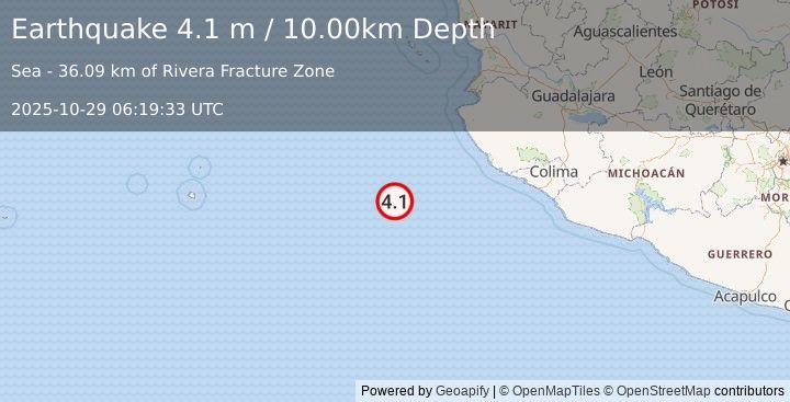 Earthquake OFF COAST OF JALISCO, MEXICO (4.1 m) (2025-10-29 06:19:33 UTC)
