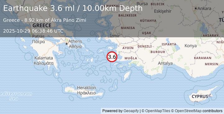 Earthquake DODECANESE ISLANDS, GREECE (3.6 ml) (2025-10-29 06:38:46 UTC)