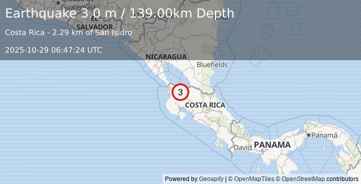 Earthquake COSTA RICA (3.0 m) (2025-10-29 06:47:24 UTC)