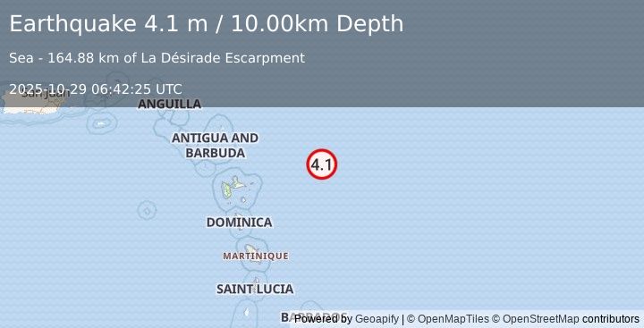 Earthquake EAST OF GUADELOUPE, LEEWARD ISL. (4.1 m) (2025-10-29 06:42:25 UTC)