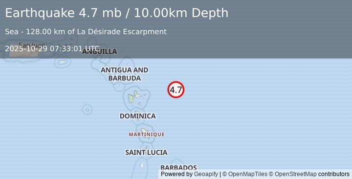 Earthquake EAST OF GUADELOUPE, LEEWARD ISL. (4.7 mb) (2025-10-29 07:33:01 UTC)