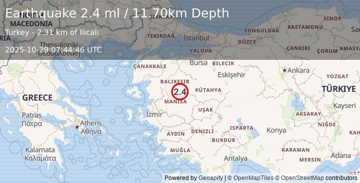 Earthquake WESTERN TURKEY (1.9 ml) (2025-10-29 07:44:01 UTC)