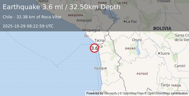 Earthquake OFFSHORE TARAPACA, CHILE (3.6 ml) (2025-10-29 08:22:59 UTC)