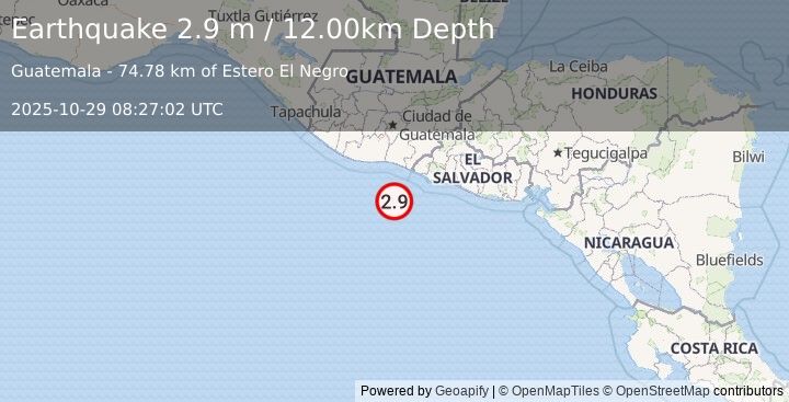 Earthquake OFFSHORE GUATEMALA (2.9 m) (2025-10-29 08:27:02 UTC)