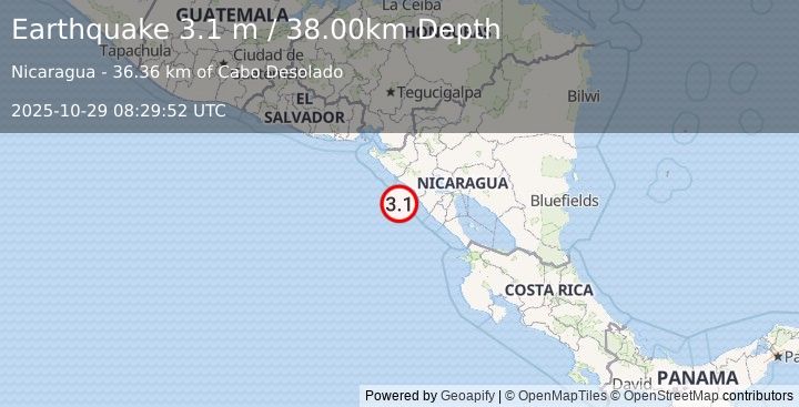 Earthquake NEAR COAST OF NICARAGUA (3.1 m) (2025-10-29 08:29:52 UTC)