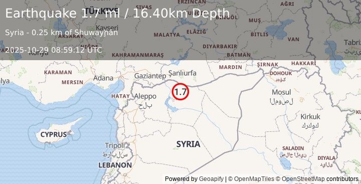 Earthquake TURKEY-SYRIA BORDER REGION (1.7 ml) (2025-10-29 08:59:12 UTC)