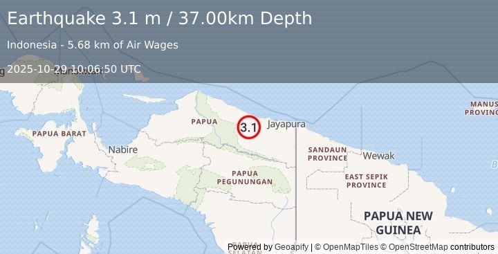 Earthquake NEAR N COAST OF PAPUA, INDONESIA (3.1 m) (2025-10-29 10:06:50 UTC)