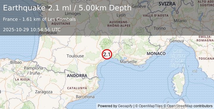 Earthquake NEAR SOUTH COAST OF FRANCE (2.1 ml) (2025-10-29 10:54:56 UTC)