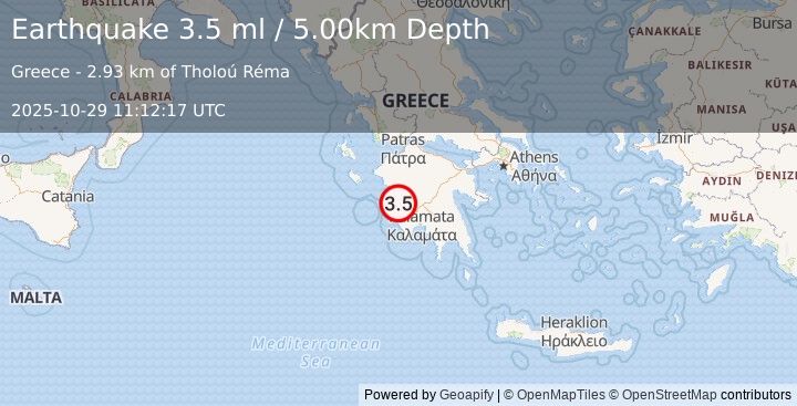 Earthquake SOUTHERN GREECE (3.5 ml) (2025-10-29 11:12:17 UTC)