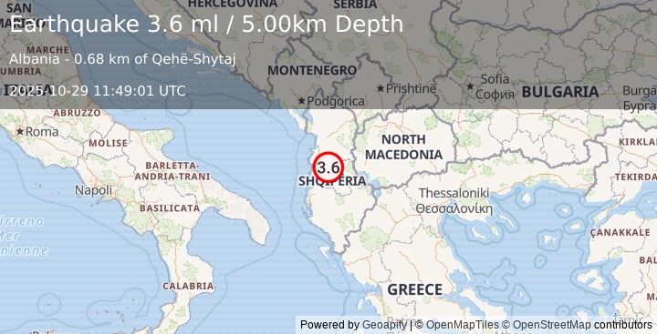 Earthquake ALBANIA (3.5 ml) (2025-10-29 11:49:02 UTC)