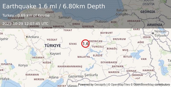 Earthquake EASTERN TURKEY (1.6 ml) (2025-10-29 12:07:45 UTC)