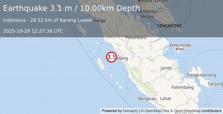 Earthquake SOUTHERN SUMATRA, INDONESIA (3.1 m) (2025-10-29 12:27:36 UTC)