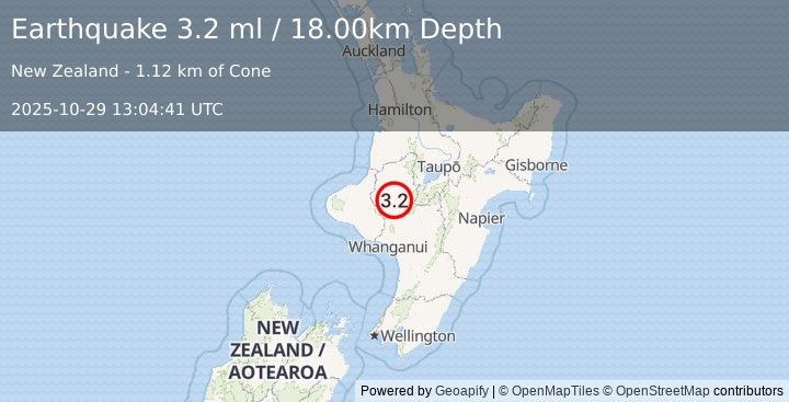 Earthquake NORTH ISLAND OF NEW ZEALAND (3.2 ml) (2025-10-29 13:04:41 UTC)