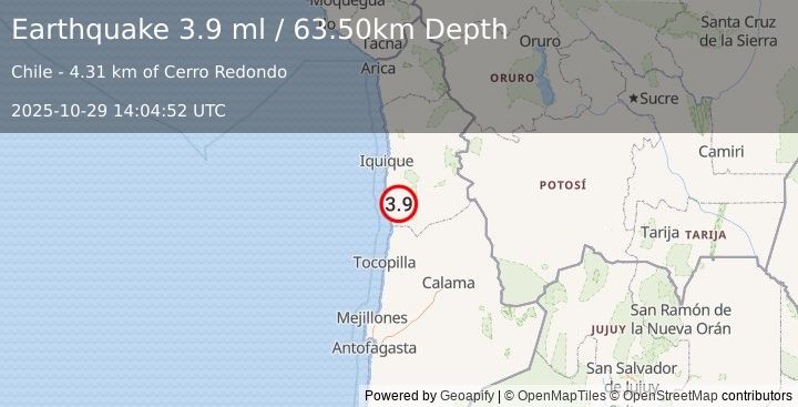 Earthquake TARAPACA, CHILE (3.9 ml) (2025-10-29 14:04:51 UTC)