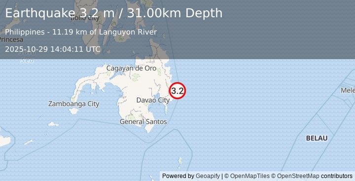 Earthquake MINDANAO, PHILIPPINES (3.2 m) (2025-10-29 14:04:11 UTC)